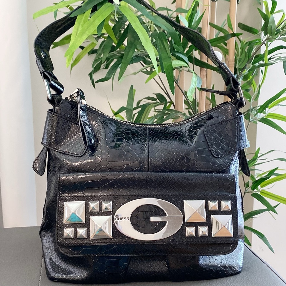 GUESS Women Black Patent Croc-Embossed Stud Detail Bag Hobo Purse Handbag